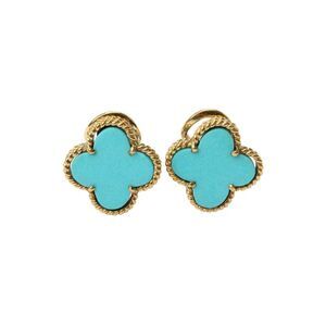 Designer Womens 18K Yellow Gold Synthetic Turquoise Clover Stud Earrings 6.8g